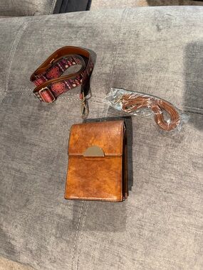 Brown Leather Crossbody Phone Bag with Removable Patterned Strap